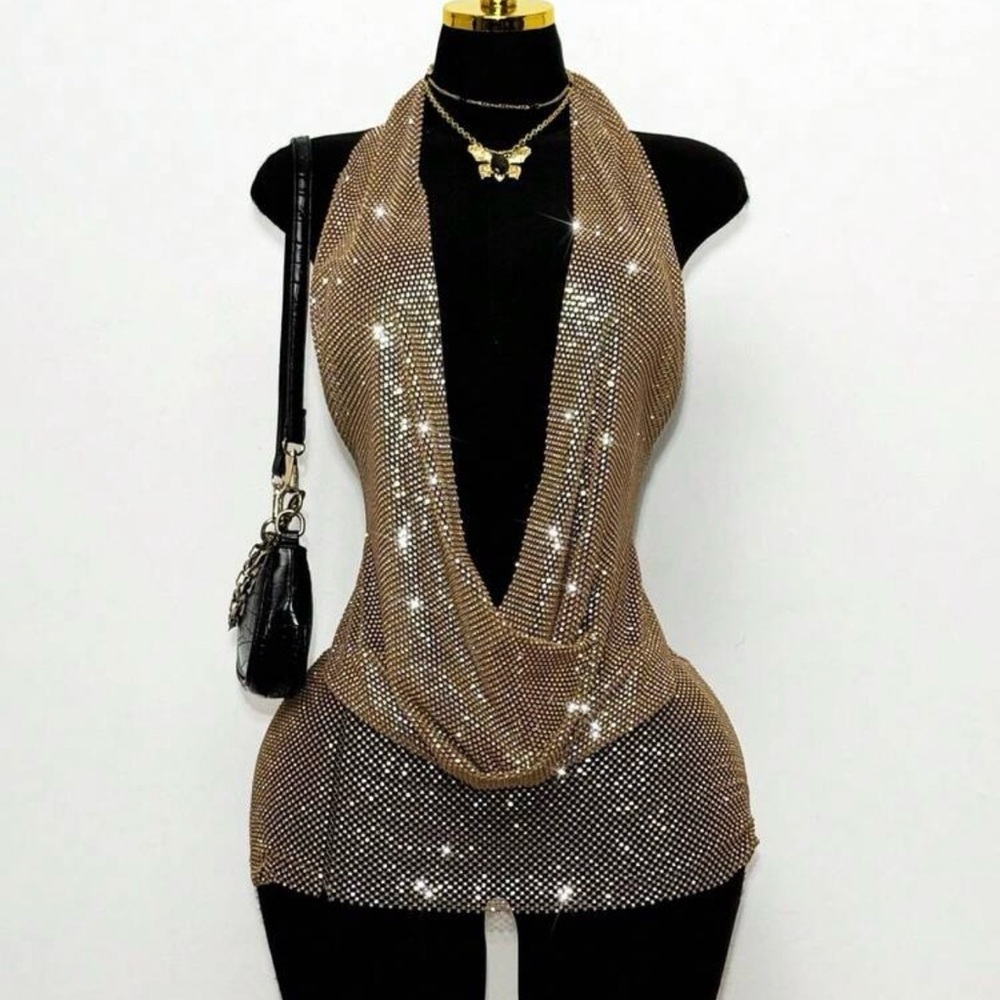 Gold halter neck mini dress